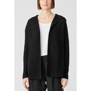 Eileen Fisher Organic Cotton Linen Slub Hooded Black Cardigan XL A001830